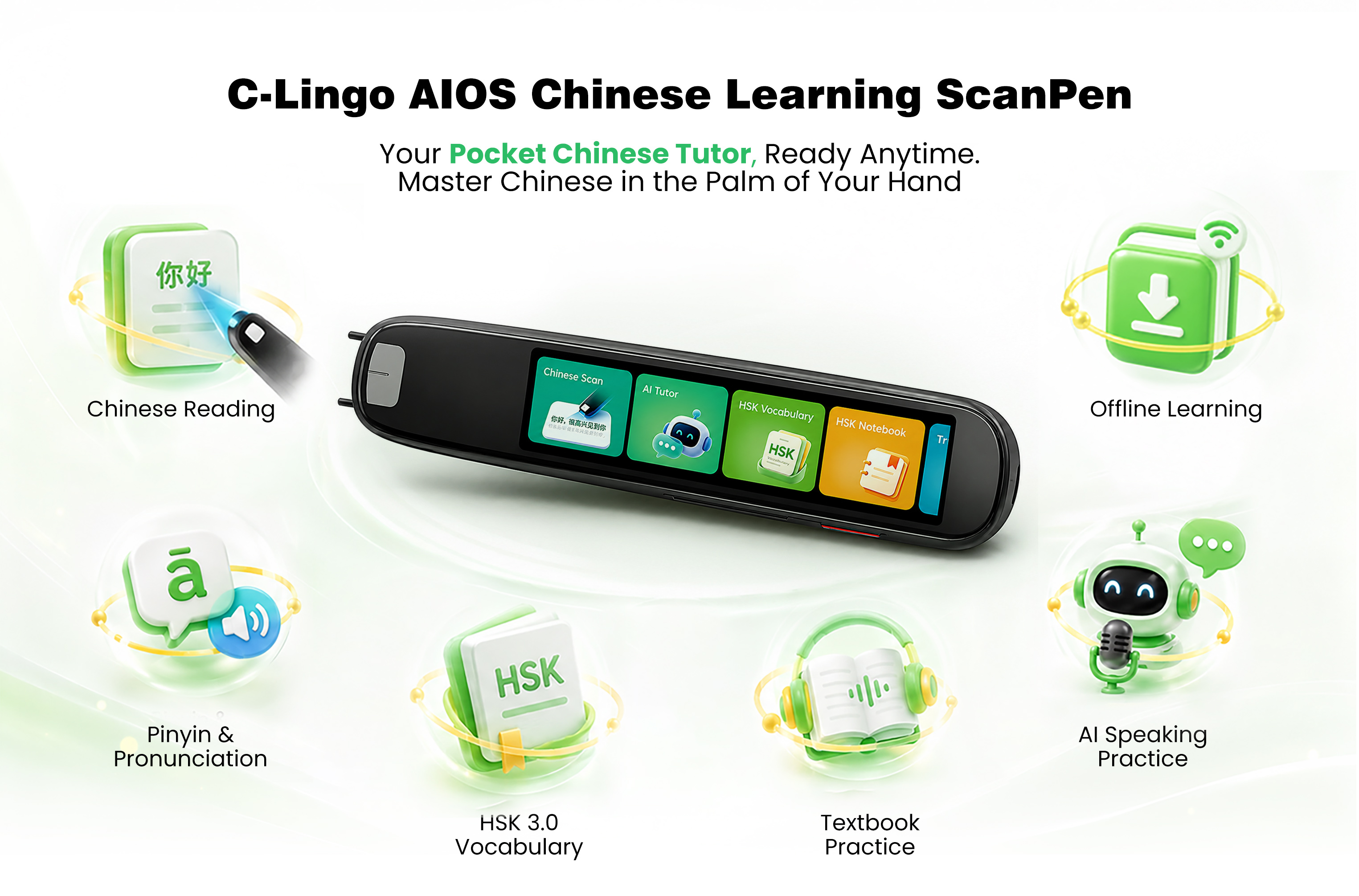 C-Lingo AIOS Chinese Learning ScanPen — pocket Chinese tutor with scan, HSK, AI speaking, and offline learning