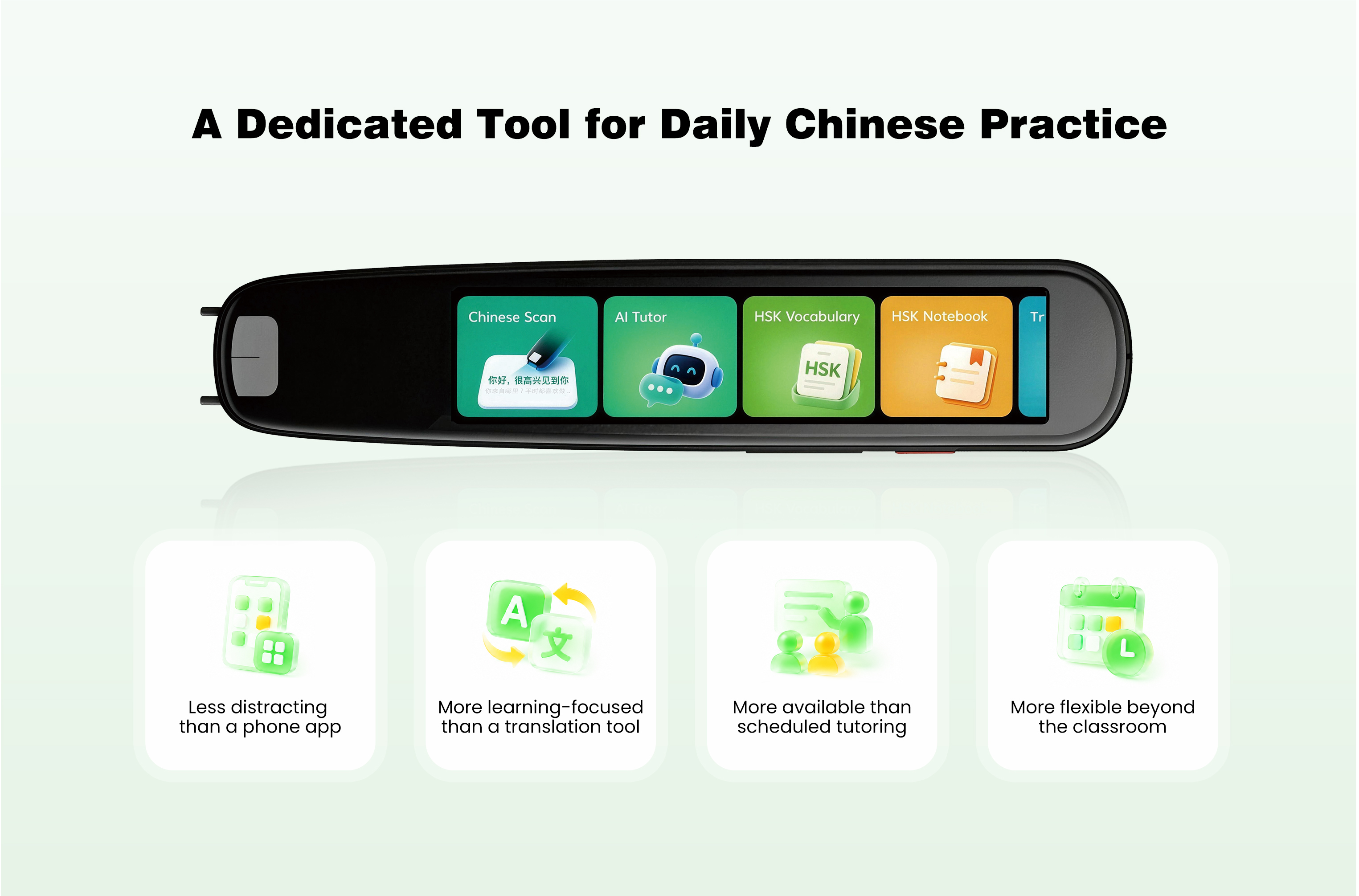 A dedicated tool for daily Chinese practice — less distracting than phone apps, more learning-focused than translation tools