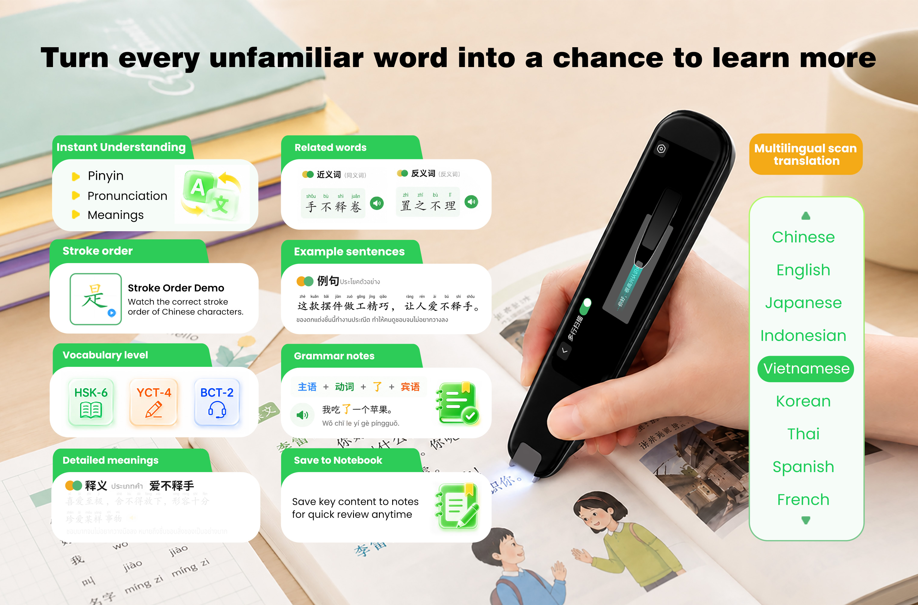 Turn every unfamiliar word into a chance to learn more — instant understanding, stroke order, vocabulary level, and multilingual scan translation