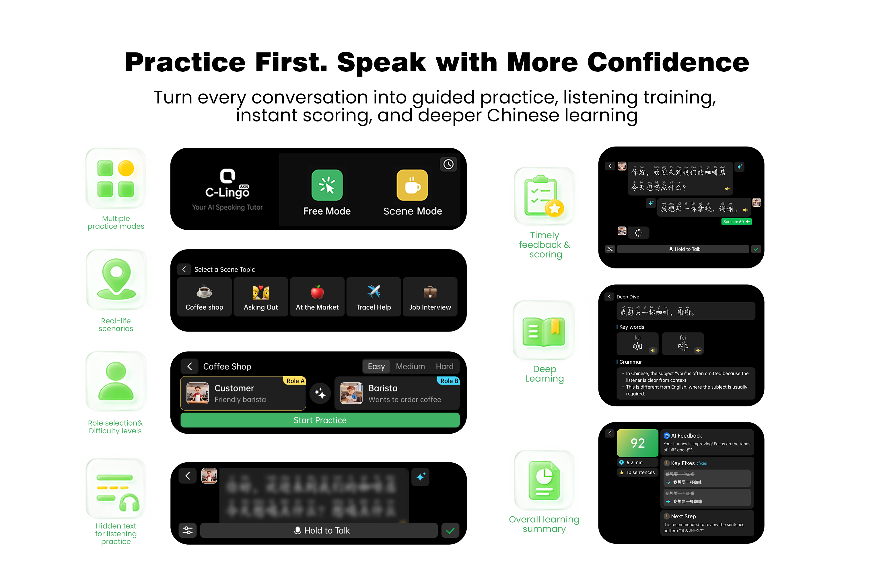 Built for different Chinese learning needs — customizable scanning, listening, and playback settings